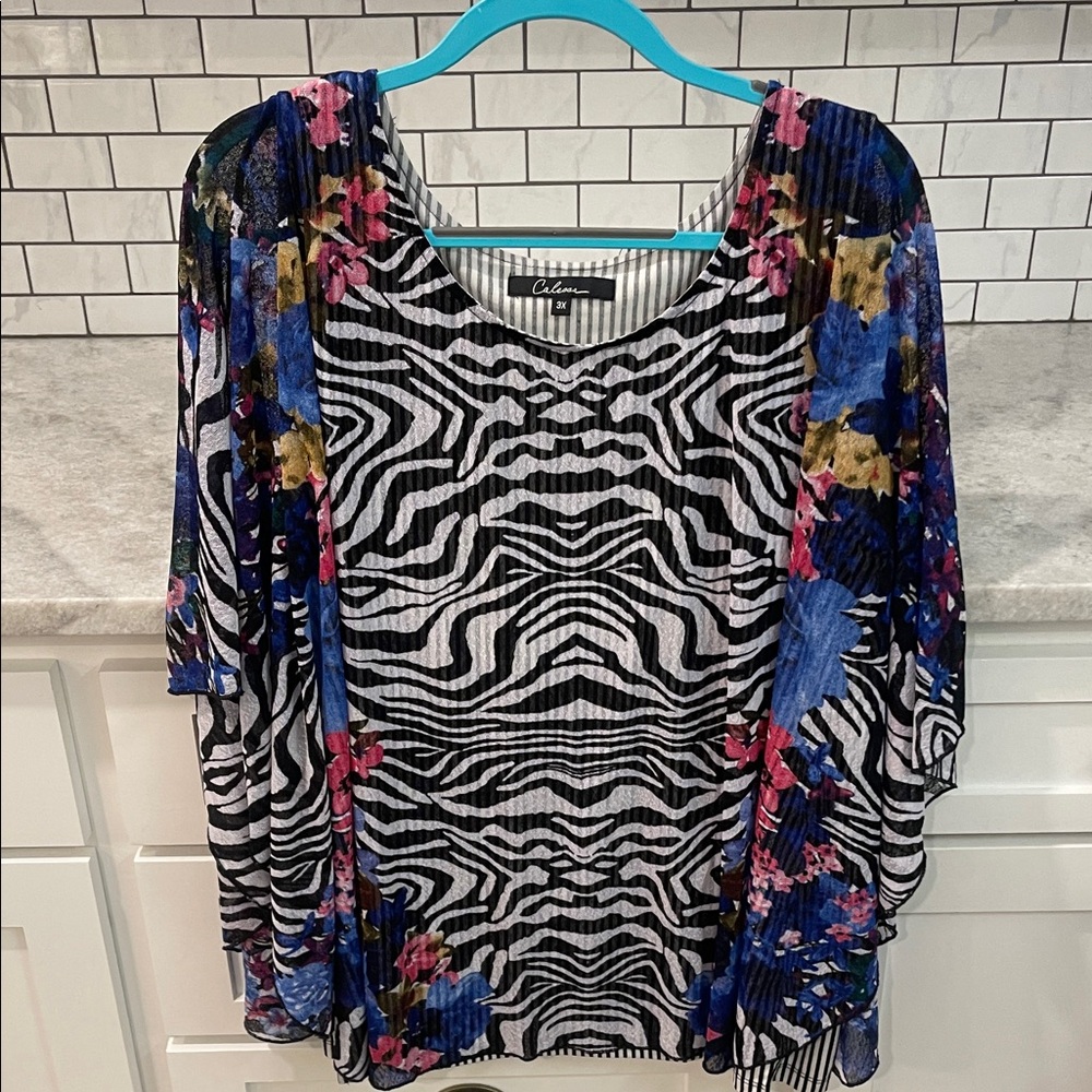 Calessa Tunic Womens 3XL Black Zebra Stripe Attached Tank Boho Top Shirt Blouse